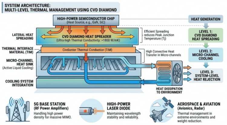 Arquitectura do sistema Emprega xestión térmica multietapa mediante diamante CVD